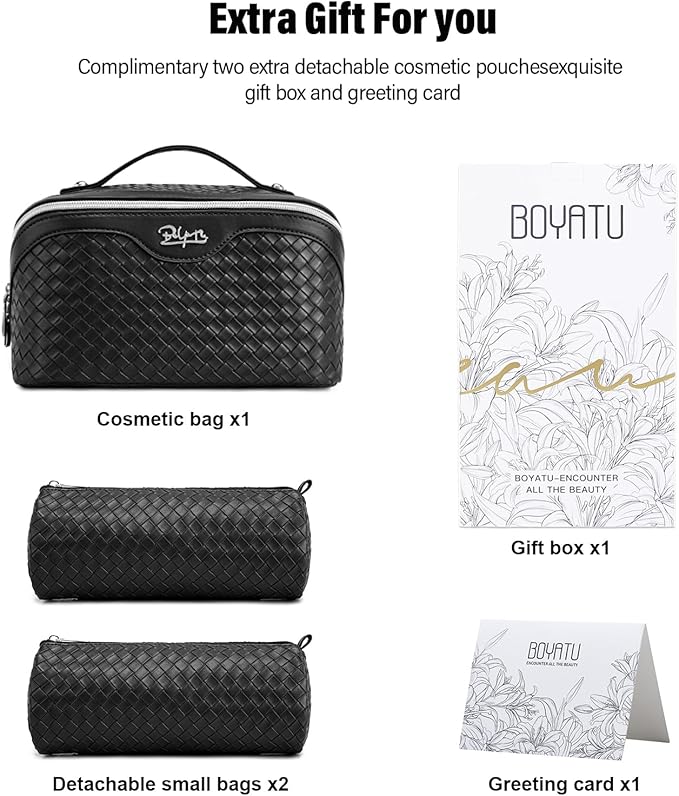 BOYATU Travel Makeup Bags for Women: 3 Pcs Large Make up Bags Set - Vegan Leather Cosmetic Bag for Traveling - Waterproof Toiletry Organizer (L33 Black)