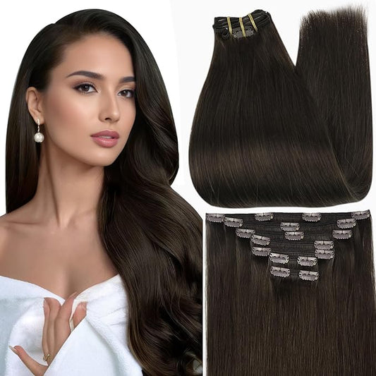 Full Shine Short Brown Hair Extensions Clip in Human Hair Triple Weft Remy Hair Clip in Extensions Invisible Dark Brown Hair Extensions Straight Brazilian Hair 10 Inch 7 Pcs