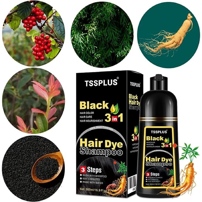 TSSPLUS Black Hair Dye Shampoo, 500ml - Organic Natural Hair Color Dye Shampoo for Women & Men, Instant Gray White Hair Cover, Plant Essence, Semi-Permanent