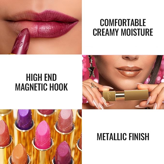 Oulac Metallic Purple Lipstick Set - 2PCS Vegan Lightweight Hydrating Formula with High Impact Lip Color for Full Coverage Lip Makeup, Christmas Gifts for Women, 03+14