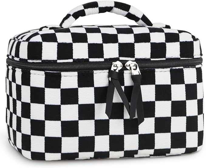 Prite Corduroy Large Travel Quilted Makeup Bag for Women Floral Cotton Cosmetic Bag Coquette Aesthetic Floral Toiletry Organizer Bag(Dark Checkerboard)