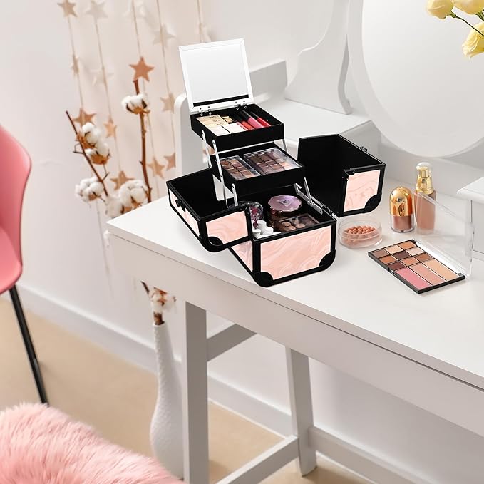 BYOOTIQUE Makeup Travel Organizer Cosmetic Train Case with Mirror 2-Tier Trays Nail Travel Case Lockable Jewelry Box False Eyelash Storage for Nail Tech Cosmetologist Barbershop,CoyoteButtes Dusk