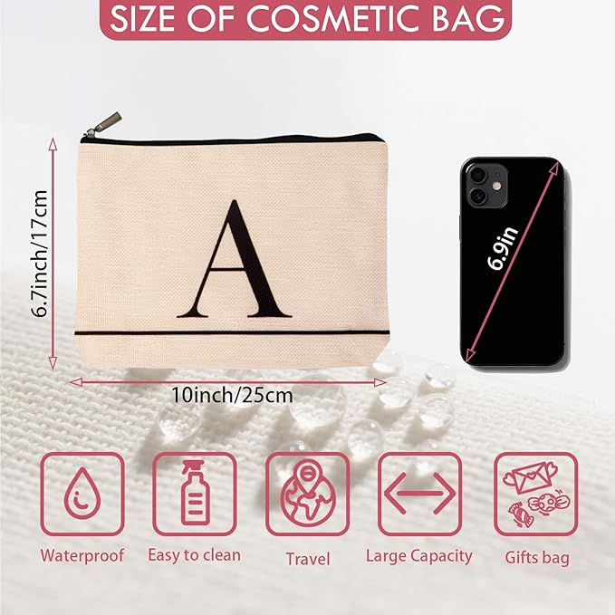 Letter A-Z Initial Personalized Makeup Bags, Birthday Gifts for Women, Monogrammed Gifts for Women Mom Sister Best Friend Bride Bridesmaid, Mothers Day, Christmas, Small Travel Cosmetic Bag (A)
