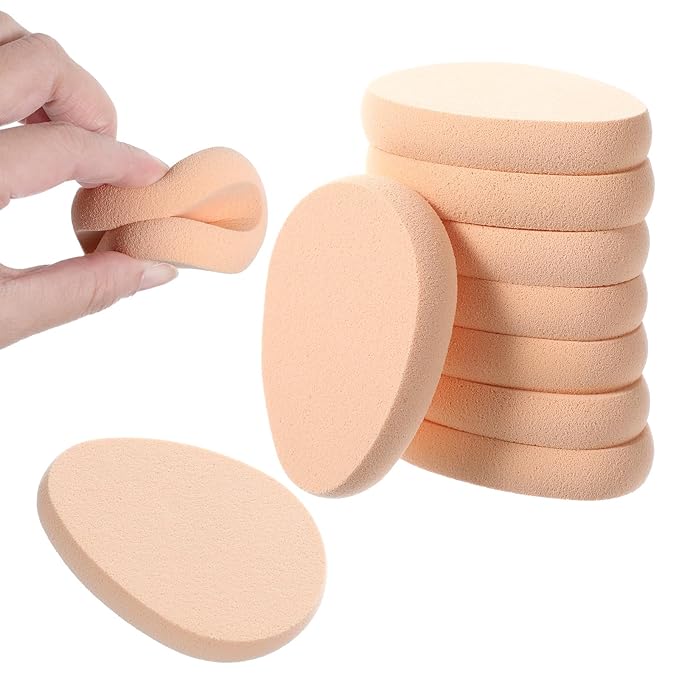 8Pcs Oval Puff Flat Makeup Sponge Cushion Foundation Puff Beige Smooth Makeup Applicator Sponge Wet Dry Primer Compact Cushion for Liquid Foundation Make Up Cosmetic Facial Cleanser