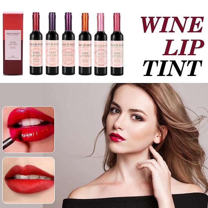 Wine Lip Tint 6 Colors Bottle Lip Gloss Set Matte & Glossy Finish Lipstick Lip Gloss Moisturizing Long-Lasting Wine Lipstick Collection Non-Sticky Hydrating Lip Makeup Kit for Women Gift Idea