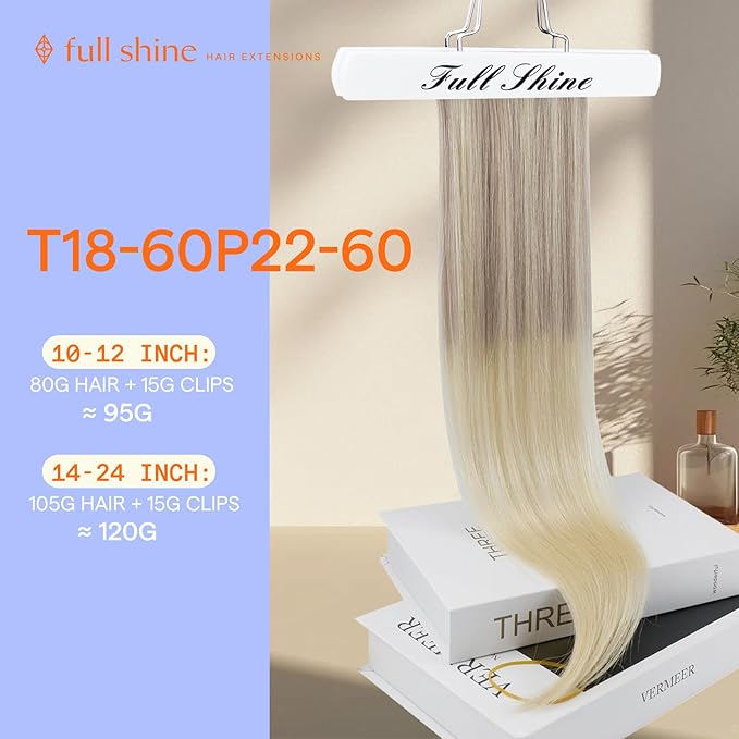 Full Shine Balayage Blonde Clip in Hair Extensions Remy Clip in Extensions Color 18 Ash Blonde to 22 and 60 Platinum Human Hair Extensions Double Weft 18 Inch 120 G 7 Pcs