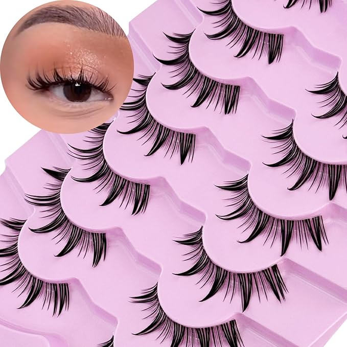 Fairy Lashes Manga Lashes Yasnai Clear Band False Eyelashes Wispy Lashes Fake Lashes Natural Look Eyelashes Wet-Look Spiky Anime Strip Lashes 7 Pairs Pack