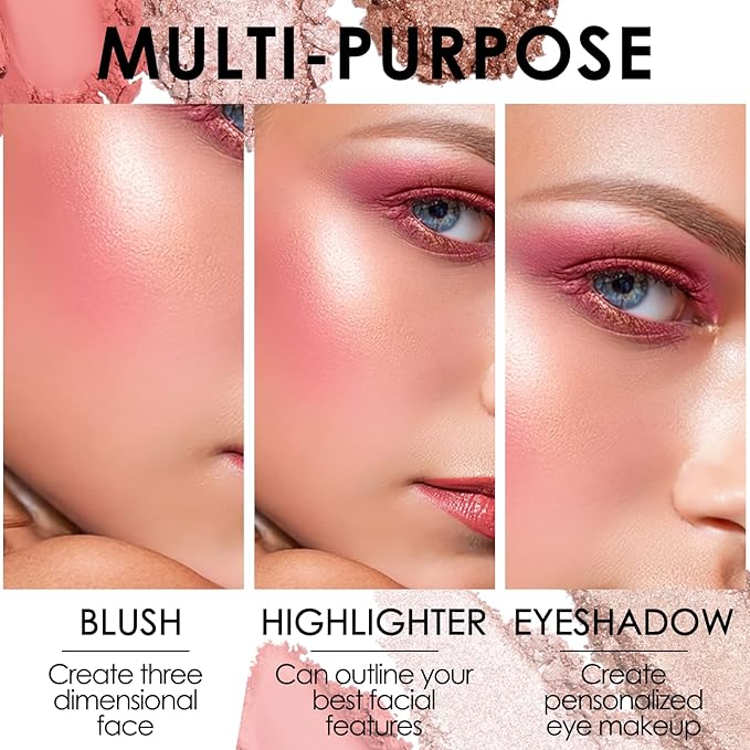 FOCALLURE Blush and Highlighter Palette,3 in 1 Makeup Powder, Cruelty-Free Matte, Shimmer Illuminator for a Glowing Look,#03