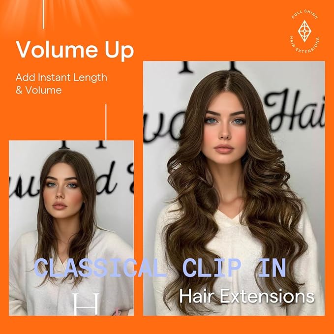 Full Shine Brown Clip in Human Hair 7 Pcs Natural Brown Clip in Extensions Real Human Hair Triple Weft Clip in Hair Extensions Brazilian Remy Hair for Short 12 Inch 95 G