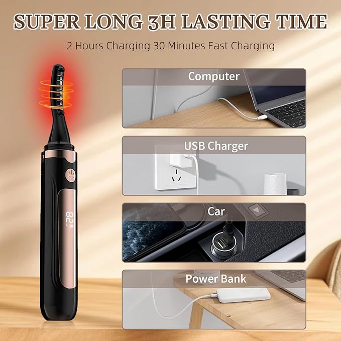 2025 Heated Eyelash Curler-USB Rechargeable Electric Eyelash Curler- Eyelash Curlers Heated 4 Temperature Modes Fast Heat Up Within 3s - 24 Hours Long Lasting- with Led Display for Women Girls(Black)
