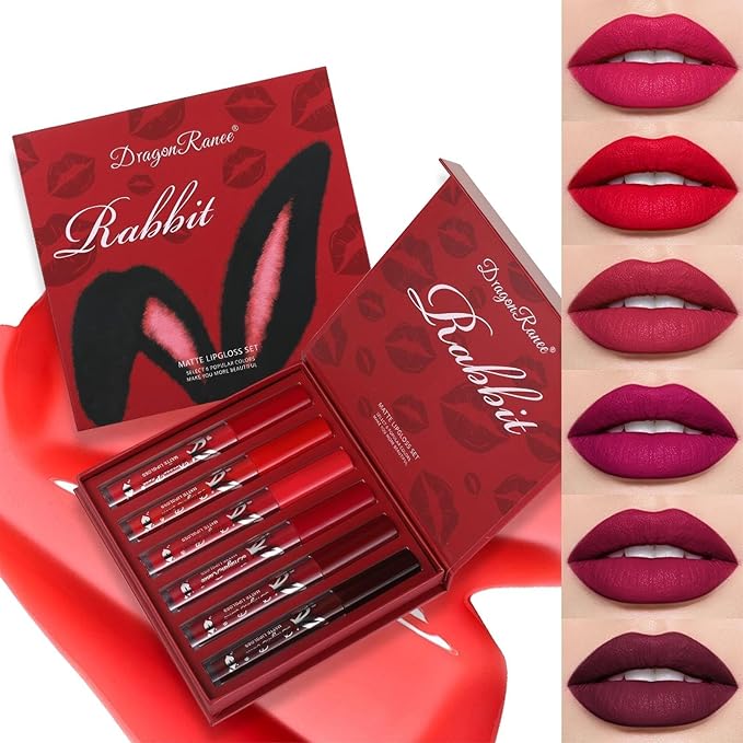 6 Pcs Matte Liquid Lipstick Set Red Lip Gloss with Long-Lasting and Waterproof Lipsticks for Women Lip Makeup Gift (Red Rabbit, 6 Pcs)
