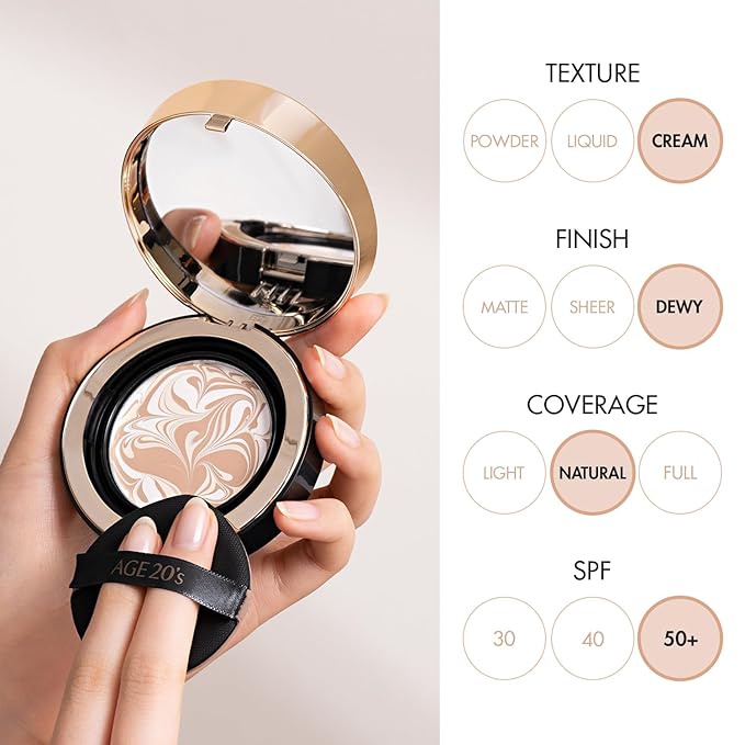 AGE20'S Signature Essence Pact SPF 50+ | Pack of 1 | 29 Caramel | Cream Foundation, Dewy Finish, Natural Coverage | Korean Cushion Foundation