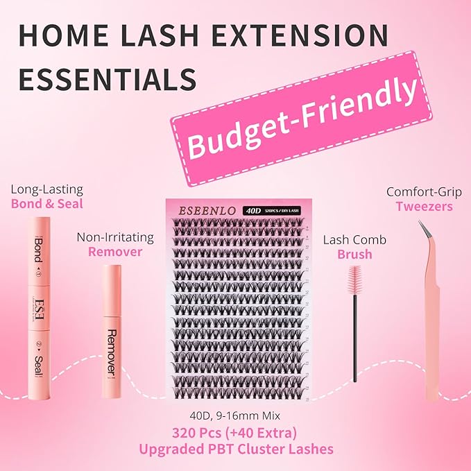 Lash Extension Kit 320pcs Lash Clusters D Curl 9-16mm Mix Lash Clusters Kit 40D Individual Lashes with Lash Bond and Seal and Lash Tweezers
