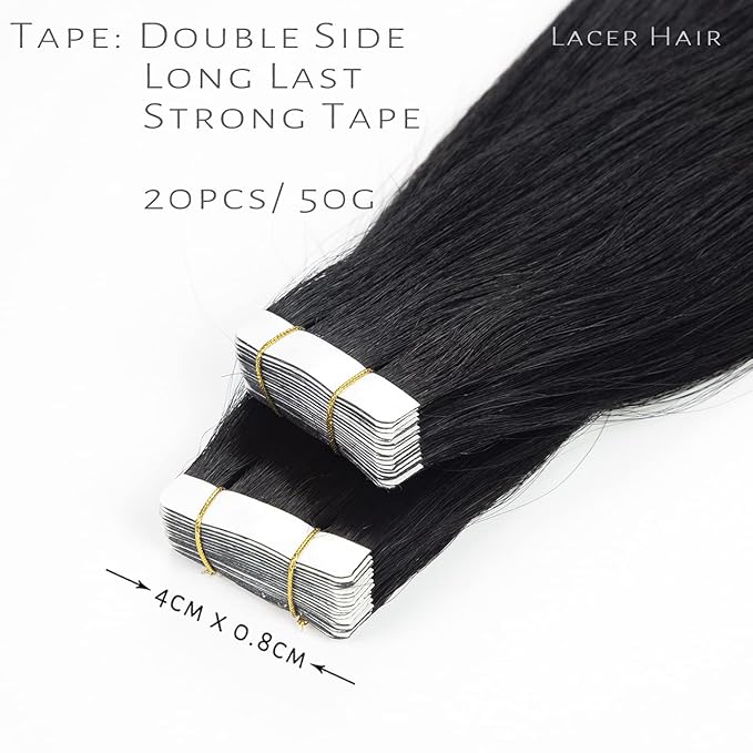 Lacer Tape in Hair Extensions Human Hair 12 Inch Double Sided Tape for Skin Weft Hair Extensions Tape in 20Pcs 50Gram Seamless Color 1 Jet Black