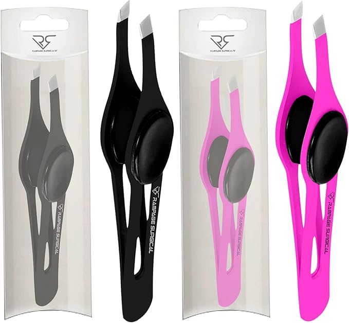 Professional Eyebrow Tweezers Slanted Tip Stainless Steel 2,3xPcs Set, Non-Slip Grip Slant Tip Tweezers for Facial Hair, Plucking Removing Ingrown Hairs, Tweezer for Women Men (Black&Pink)