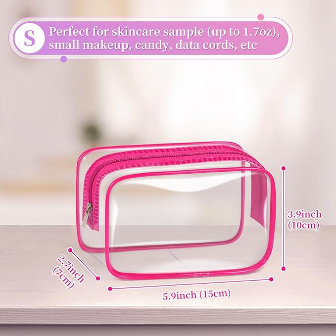 TISRATOK 12 PCS Clear Makeup Bag for Women with Zipper, TSA Approved Toiletry Pouch, Cosmetic Bag Bulk for Travel Organizer Essentials - Rose Red, Small