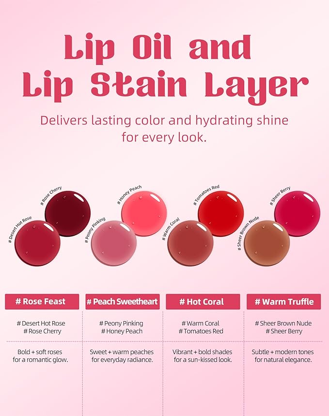 bayfree Tinted Lip Oil & Lip Stain Set, Korean Makeup, Smudge-Proof,Long-Wearing, 2-in-1 Cheek and Lip Tint with Moisturizing, High-Shine, Lightweight & Non-Sticky for Dry Lips, Cruelty-Free & Vegan