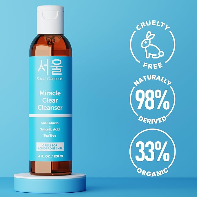 SeoulCeuticals Korean Acne Snail Cleanser Face Wash - Snail Mucin, Salicylic Acid & Tea Tree Acne Treatment for Sensitive Skin & K Beauty Glow 4oz