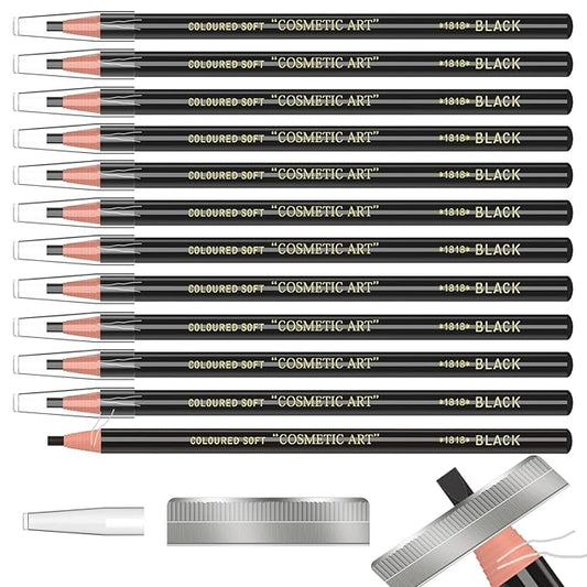 12 Piece Black Colour Waterproof Eyebrows Pencil Tattoo Makeup And Microblading Supplies Kit-Permanent Eye Brow Liners In Waterproof Eyebrow Pencils Peel - Brow Pencil Set For Marking(12 Pcs)