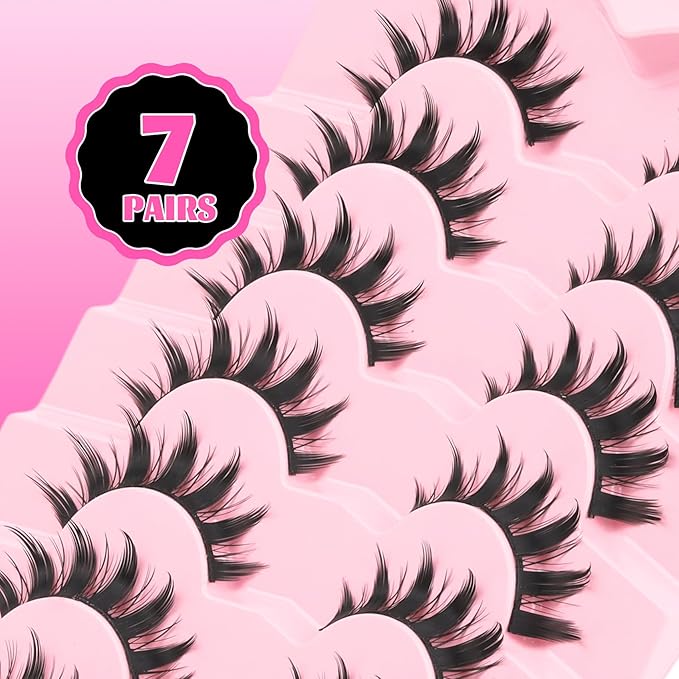 Veleasha Lashes Manga Eyelashes Spiky Eye Lashes Anime Lash 8D Doll Lash Natural Look Soft Wispy Fake Eyelashes 7 Pairs with Cotton Band (Cutes)