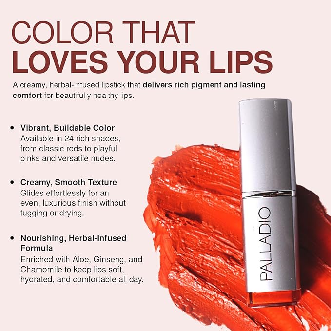 Palladio Herbal Lipstick, Rich Pigmented and Creamy, Infused with Aloe Vera, Chamomile & Ginseng, Prevents Lips from Drying, Combats Fine Lines, Long Lasting Lipstick, Pinky