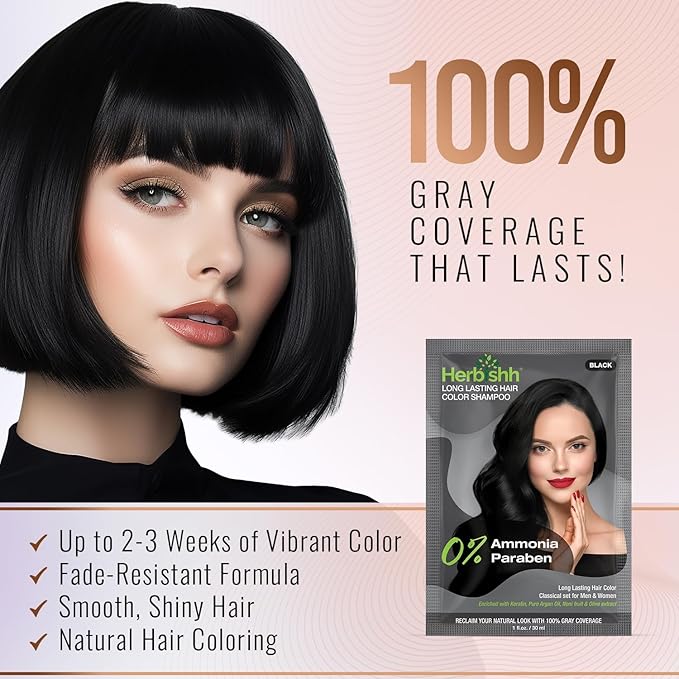 Herbishh Travel Pack Hair Dye Color Shampoo + 15pc Argan Hair Mask Sachet (Black, 15 Sachets)