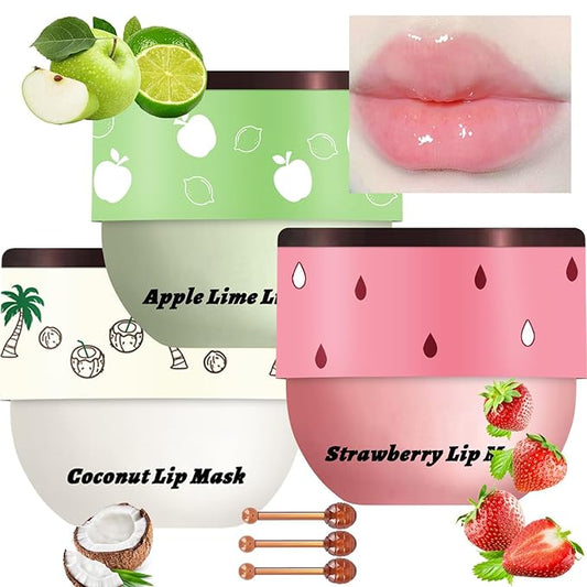 3 Pcs Bee Coconut Apple Honey Pot Lip Mask Sleeping Mask Hydrate Repair Prevent Dry Cracked Lip Exfoliator Care (Strawberry+Apple Lime)
