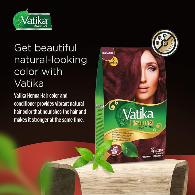 Vatika Naturals Permanent Hair Dye Burgundy, 100% Grey Coverage, Ammonia-Free, for Rich, Long-Lasting Color, No Damage, for Healthy, Vibrant Hair - 6 Sachets (10g each)