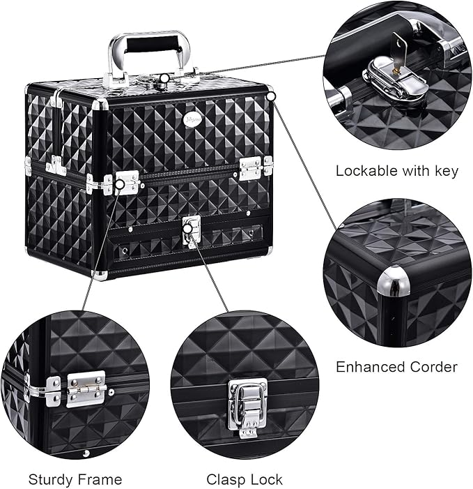 Joligrace Makeup Train Cases Professional Travel Makeup Cosmetic Cases Organizer Portable Box with Drawer Black