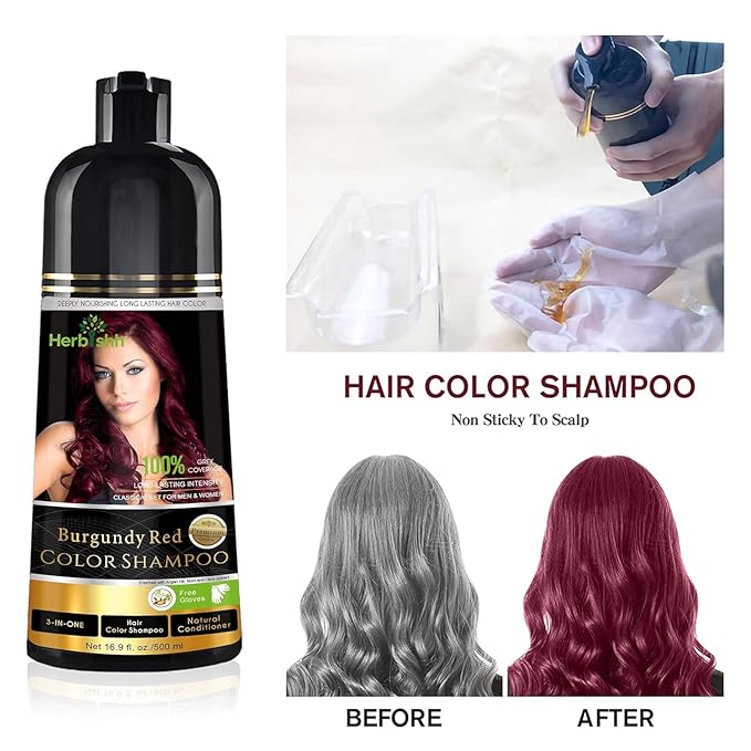 Herbishh Burgundy Hair Color Shampoo - 3-In-1 Magic Dye for Gray Hair 500 Ml + Essential Flower Hair Oil - Organic Formula for Dry, Damaged Hair 60 ML