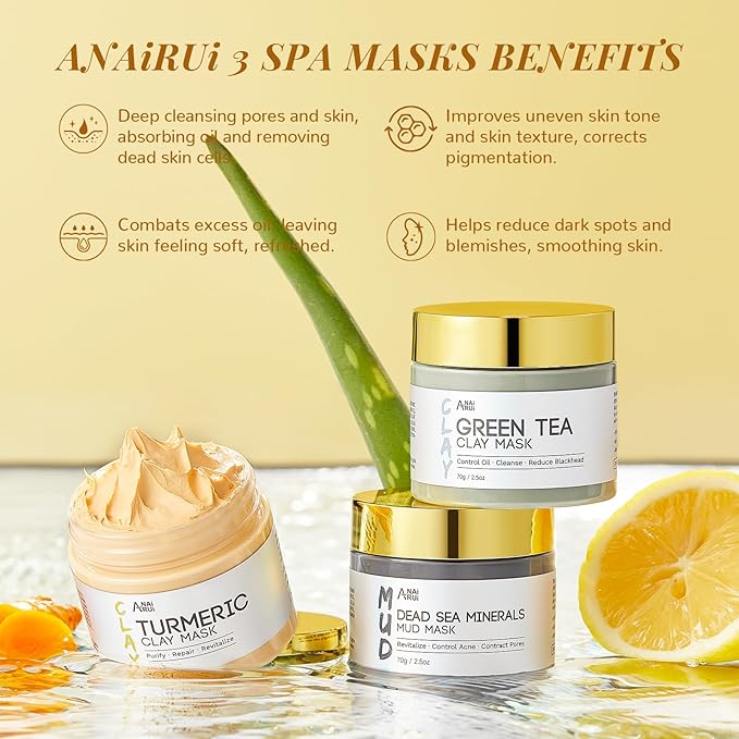 ANAI RUI 3 Pack Face Mask Gift Set,Christmas Facial Mask Set,Turmeric Clay Mask - Green Tea Mud Mask - Dead Sea Minerals Mud Mask Stocking Stuffers for Women &Teen Girl 2.5 oz each