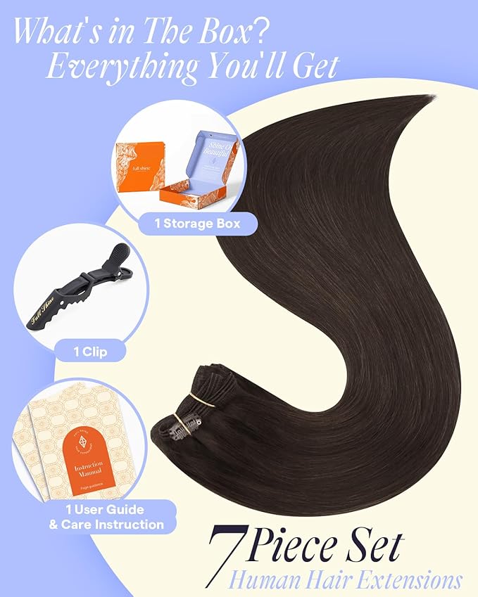 Full Shine Clip in Hair Extensions Dark Brown 22 Inch Thick Hair Extensions Real Human Hair Straight Brown Invisible Remy Hair Clip in Extra Volume 7 Pcs 150 G