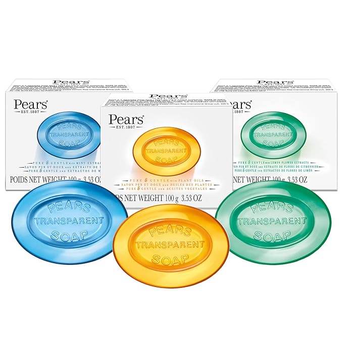 Pears Glycerin Soap Variety 3-Pack – Transparent Amber, Blue & Green Bars for Soft, Glowing Skin, 3.53 Oz Ea