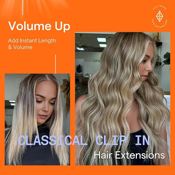 Full Shine Ombre Hair Extensions Clip in Human Hair Double Weft Ash Brown And Platinum Blonde 16 Inch Straight Seamless Clip in Hair Extensions for Volume Hair 7 Pcs 120 G
