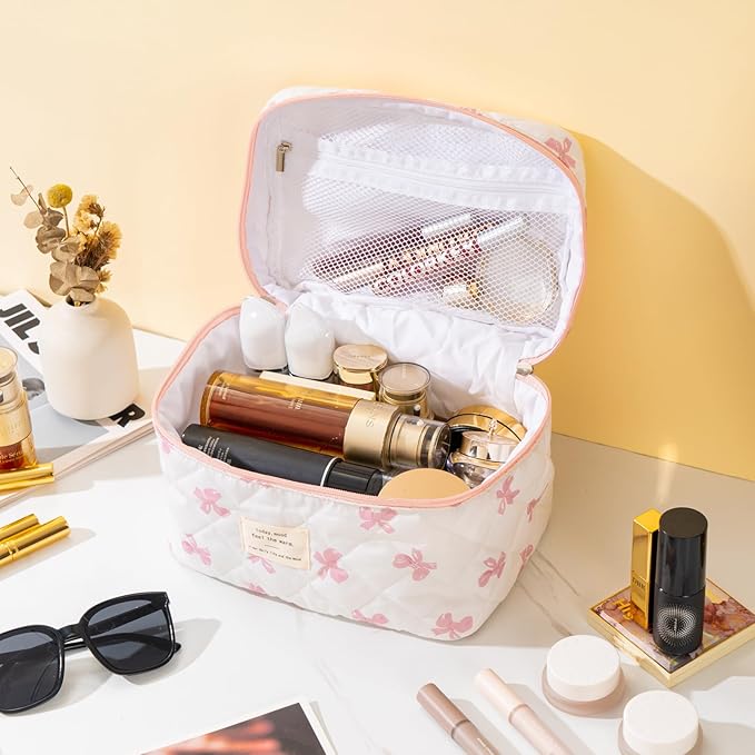 Makeup Bag for Women Quilted Cotton Make Up Bag Travel Cosmetic Bag Large Makeup Bag Cute Bow Makeup Bags Organizer Floral Toiletry Bag Makeup Pouch for Purse, Pink Bow