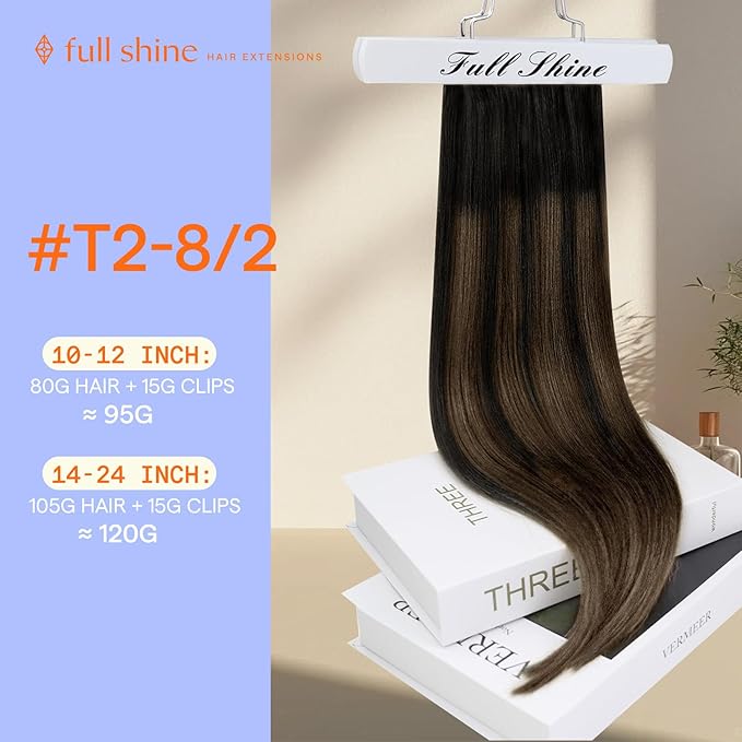 Full Shine Real Hair Extensions Clip in Human Hair 12 Inch Balayage Dark Brown to Ash Brown Clip in Extensions Real Human Hair Short Hair Extensions 7 Pcs 95 G