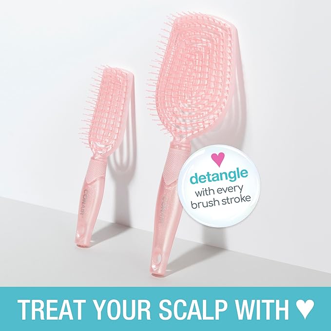Conair Scalp Care Detangling hairbrush 2pk - Fullsize +Travel Hair Brush - Scalp Massager - hairbrushes for women & men - stocking stuffer - detangler for all lengths and types - Blush Pink