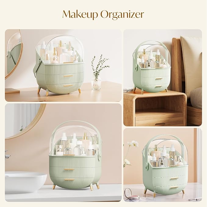 Makeup Organizers, Make Up Organizer for Vanity, Countertop Cosmetic Storage with Drawers and Transparent Cover for Bedroom Bathroom, Light Green