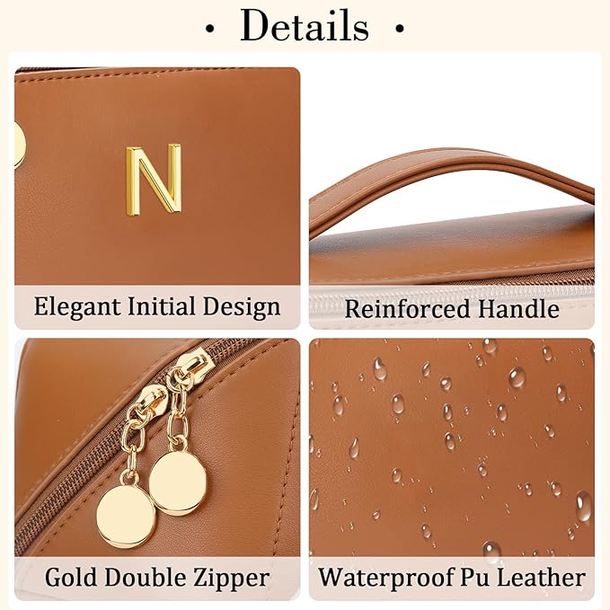 Birthday Gifts for Women Teen Girl, Personalized Initial Makeup Organizer Bag Set, Open Flat Travel Cosmetic Bag With Clear Divider and Handle(Brown,N)