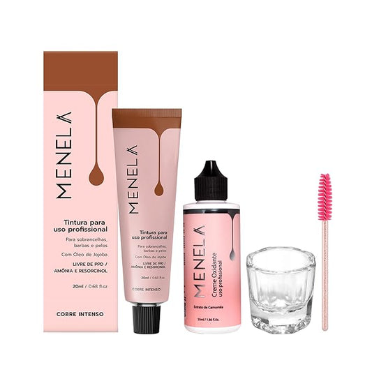 Menela Eyebrow Tint Kit – Professional Brow Color with Jojoba Oil – Includes Oxidizing Cream, Dual-Ended Brush & Mixing Glass – Vegan, Ammonia-Free, Sensitive Skin Safe – 20 ml (Intense Copper)