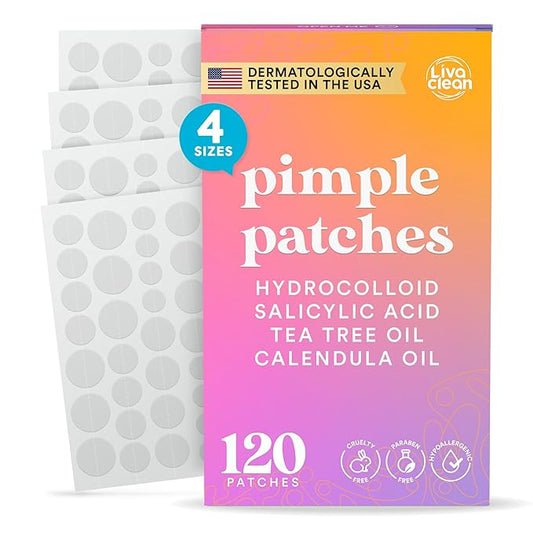 Livaclean 120 CT Pimple Patches for Face w/ Salicylic Acid, Tea Tree & Calendula Oil - Four Sizes Zit Dots Acne Patches for Face - Hydrocolloid Patch Pimple Patch Invisible - Acne Dots Zit Stickers