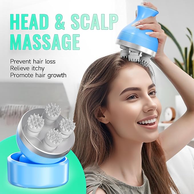 Queenwill Electric Cordless Scalp Massager Head Scalp Stress Relax, Handheld Portable Head Scratcher Massage for Hair Growth, Claws Cat Massager with Kneading 84 Massage Nodes, Ideal Gift (Blue)