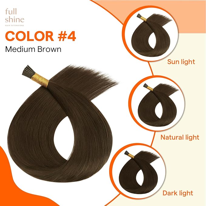 Full Shine Itip Human Hair Extensions 22 Inch Long Straight Natural Remy Hair Color 4 Medium Brown 40 Grams Invisible Cold Fusion Extensions add Length
