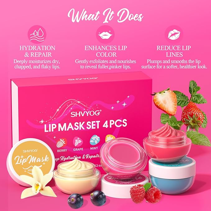 4 Pack Lip Mask Set, Hydrating Lip Mask Overnight - Berry, Grape, Mint, Vanilla Flavors, Lip Sleeping Mask Nourish Lip Balm with Vitamin C & Shea Butter | Dry Lips Care