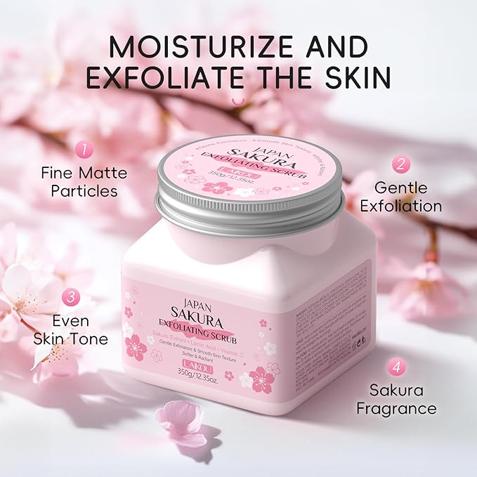 LAIKOU Japan Sakura Body Scrub, Exfoliating Body Scrub, Scrub for Smooth and Soften Skin 350g / 12.35oz.
