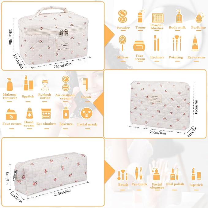 Makeup Bag Set, Quilted Makeup Bag, Large Floral Cosmetic Bag for Women, Cute Cotton Makeup Bags, Flower Travel Toiletry Organizer Bag(Plaid Floer)