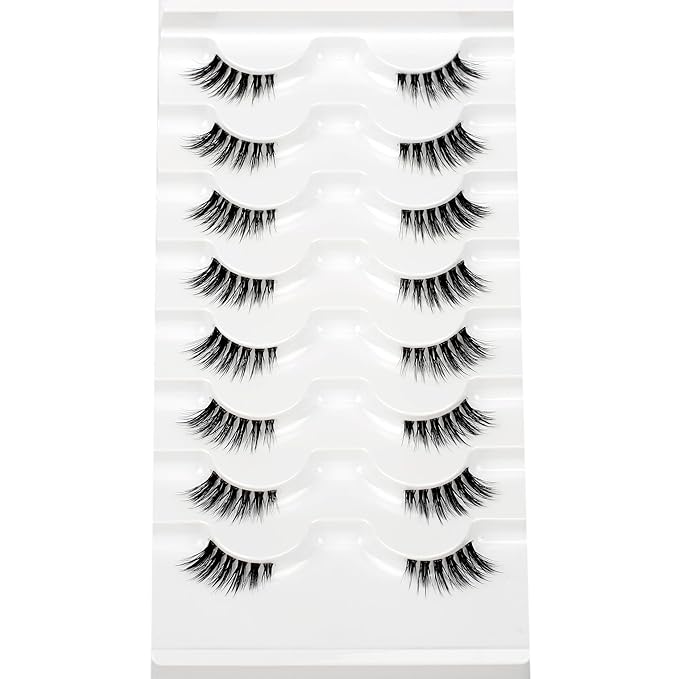 Natural Fake Eyelash for Nude Makeup Cat Eye Look Half Lashes Strips Manga Doe-Eye Spiky Short Accent Lashes Wispies Volume Asian Fairy Clusters False Eyelashes Extensions 8 Pairs Pack Daily Use