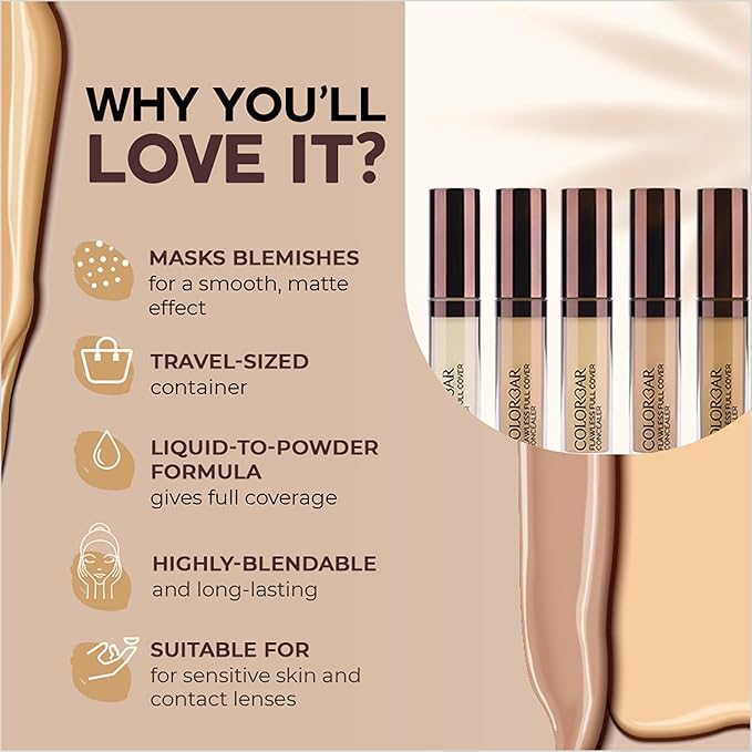 Colorbar Flawless Full Cover Concealer - Face Makeup Concealer with Liquid-to-Powder Formula - Hides Scars and Discoloration - 005 Lacy - 0.2 oz
