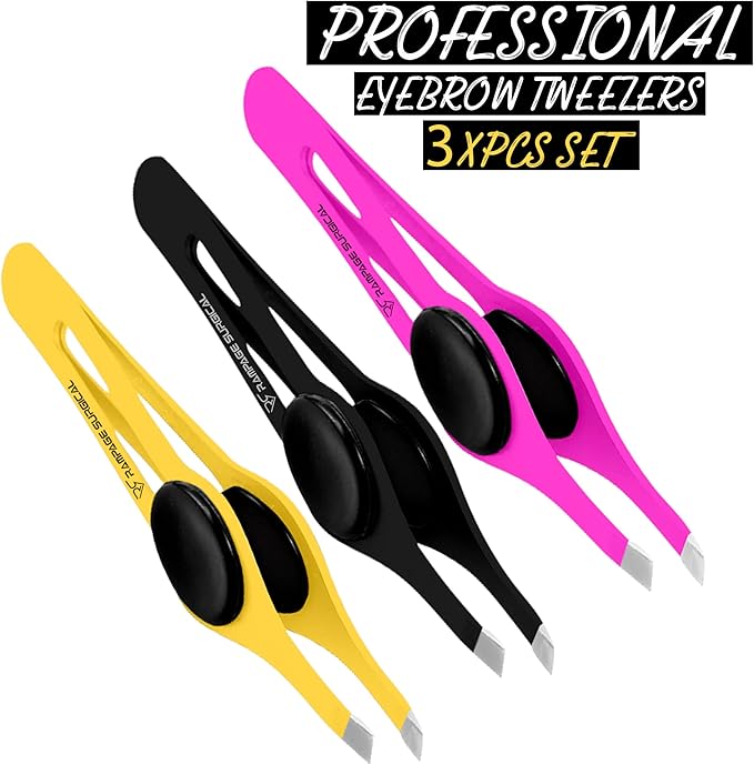 Professional Eyebrow Tweezers Slanted Tip Stainless Steel 2,3xPcs Set, Non-Slip Grip Slant Tip Tweezers for Facial Hair, Plucking Removing Ingrown Hairs, Tweezer for Women Men (Black&Pink&Yellow)