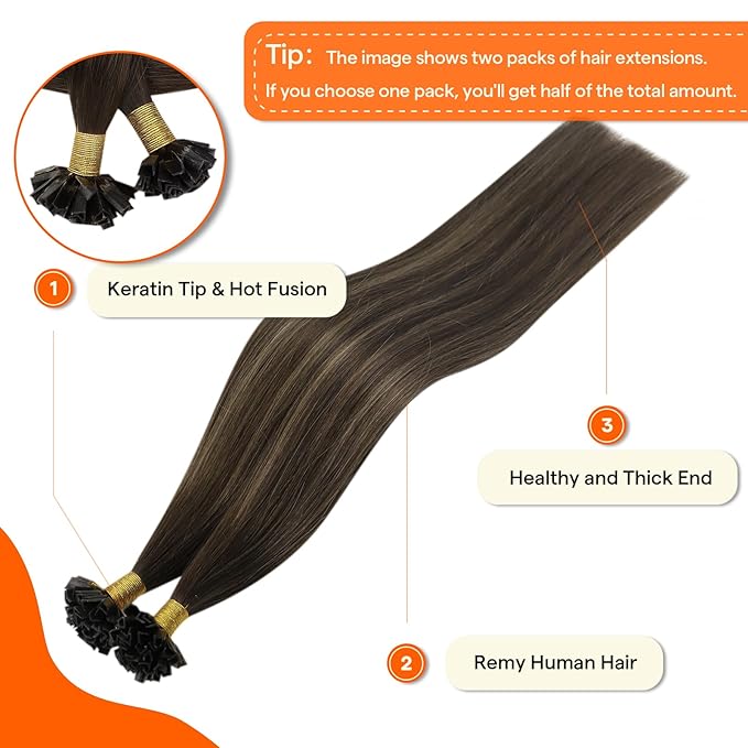 Full Shine K Tip Hair Extensions Real Human Hair 16 Inch 50 Grams Dark Brown Mixed Ash Brown Fusion Hair Extensions Human Hair Straight Natural Remy Hair for Women
